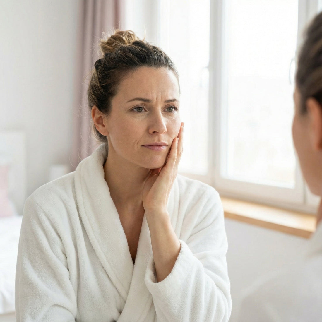 Middle-aged woman looking at herself in the mirror to check signs of aging