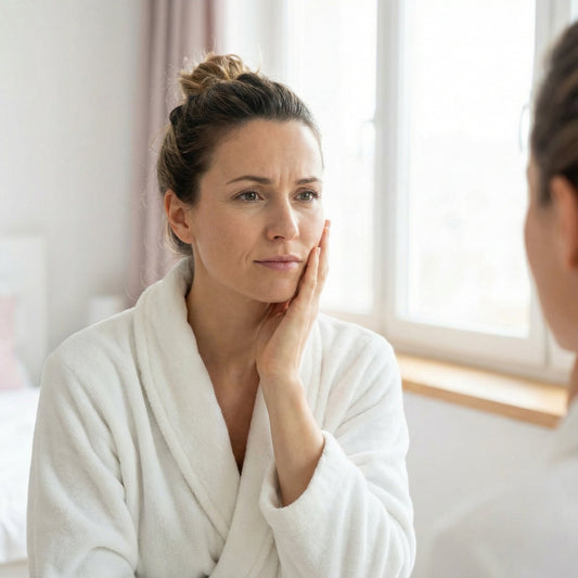 Middle-aged woman looking at herself in the mirror to check signs of aging