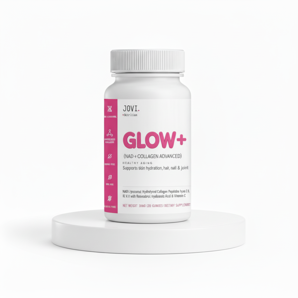 jovi glow+ nad+ collagen gummies bottle display