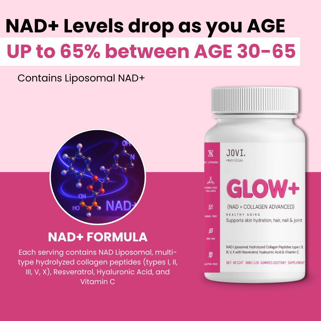 jovi glow+ nad+ collagen gummies levels of nad drop with age infographic